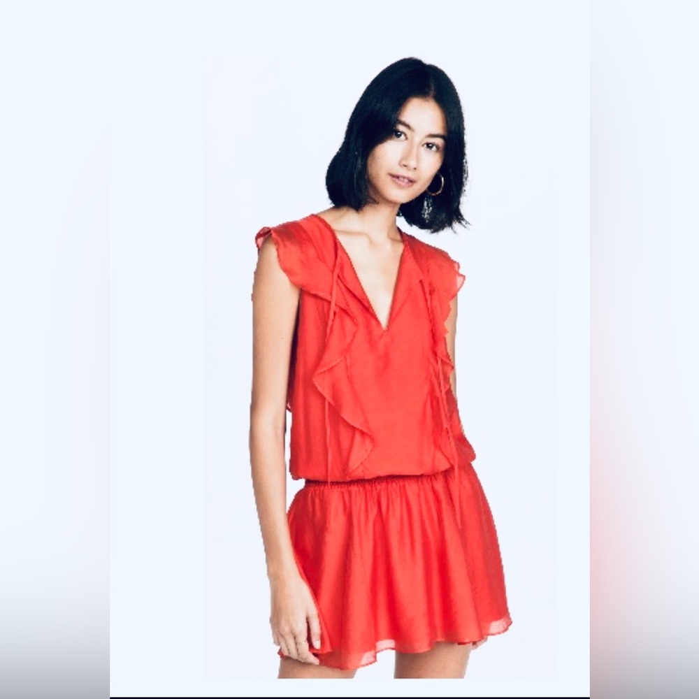 Amanda Uprichard Analena Vibrant Orange/Red Ruffle Blouse Dress Size Large